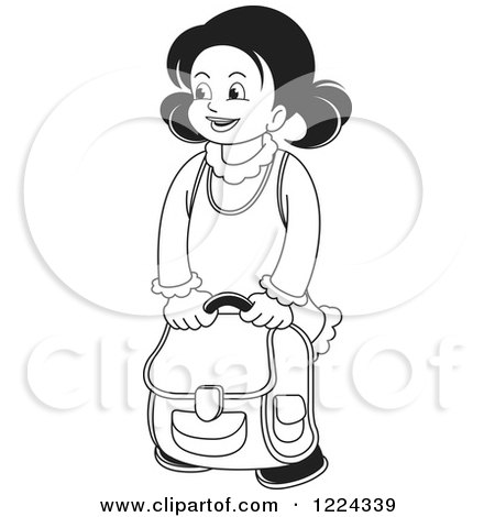 Clipart of a Black and White School Girl with a Backpack.
