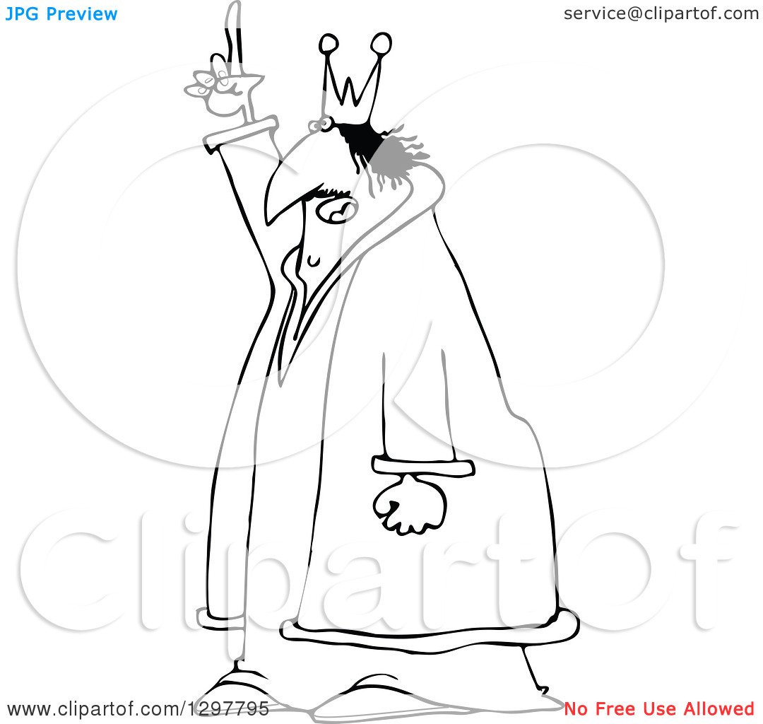 Clipart of a Chubby Black and White Scraggly King Holding up a.
