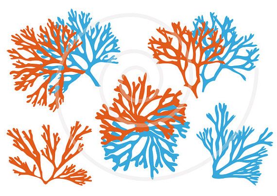 Sea fan coral silhouettes, digital clip art set for beach.