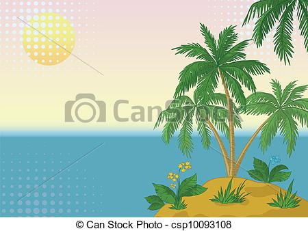 Vector Clipart of Island with palm and sun.