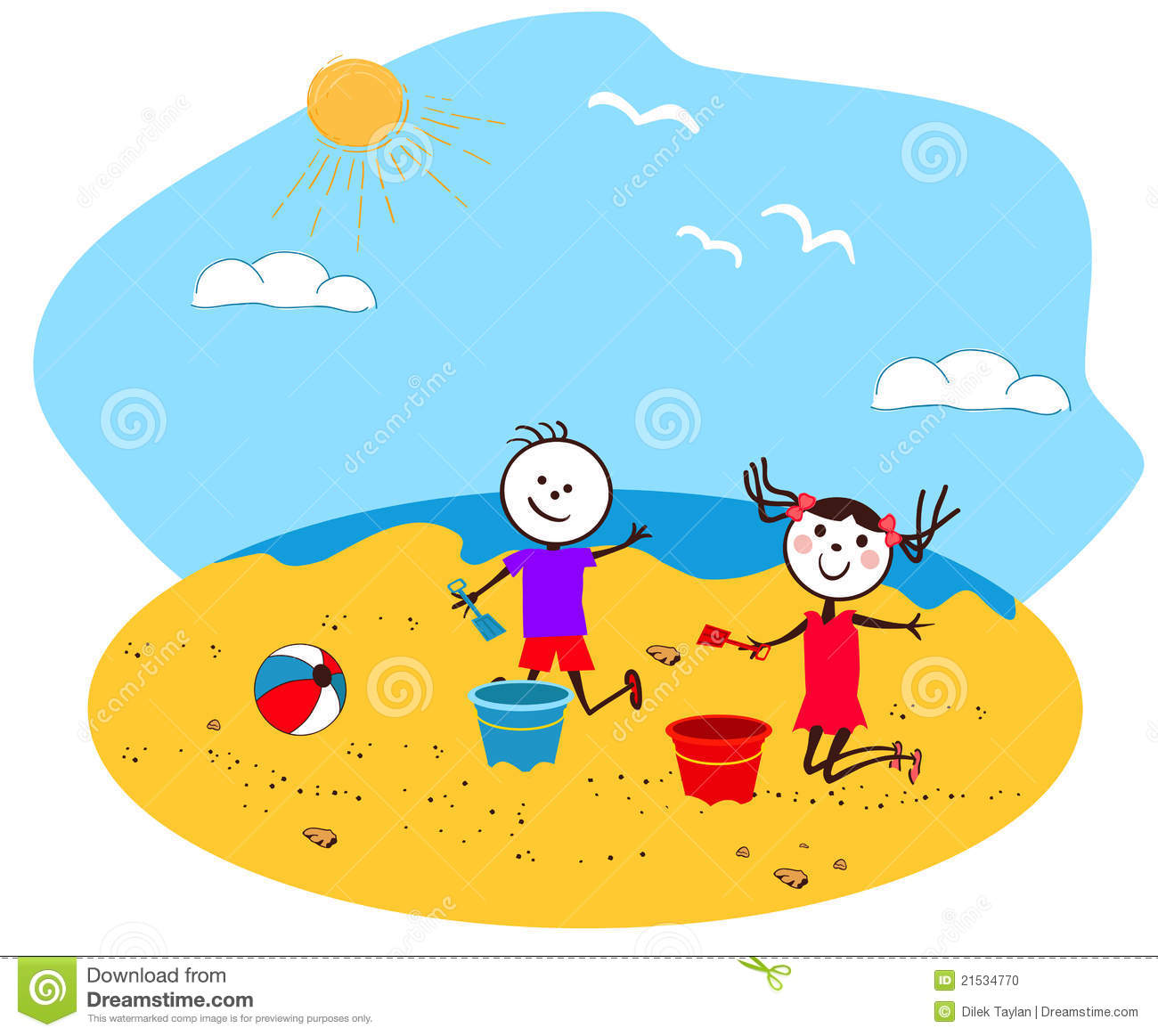 Children Playing Seaside Stock Illustrations.