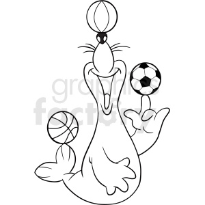 black and white seal playing with balls cartoon clipart. Royalty.