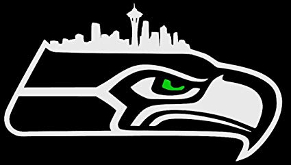 Hawk Logo with Seattle Skyline and Green Eye.