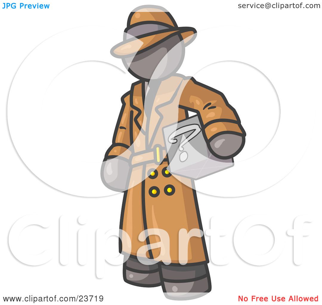 Clipart Illustration of a Secretive Gray Man in a Trench Coat and.