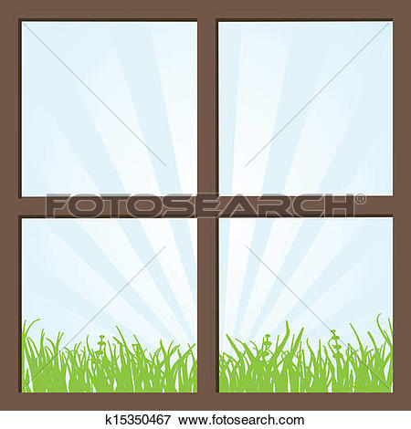 Clip Art of Summer field and mountains seen through the window.