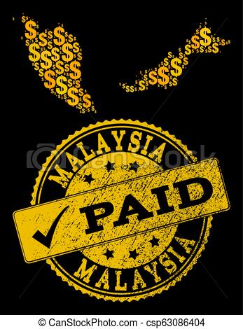 Collage dolar dorado de mapa mosaico de malasia y sello de.