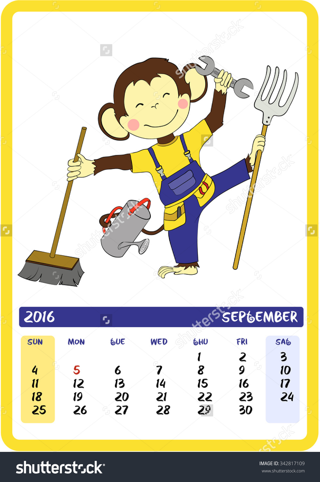 September. Labor Day. Monkey Holding Different Tools. 2016.