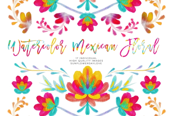 Watercolor mexican floral clipart, fiesta invitation clipart.