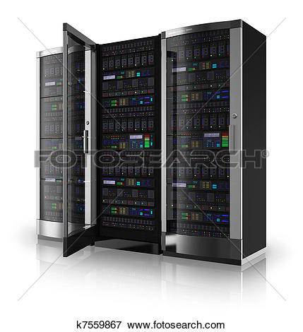 Stock Illustrations of 3D white people. Engineer in rack network.