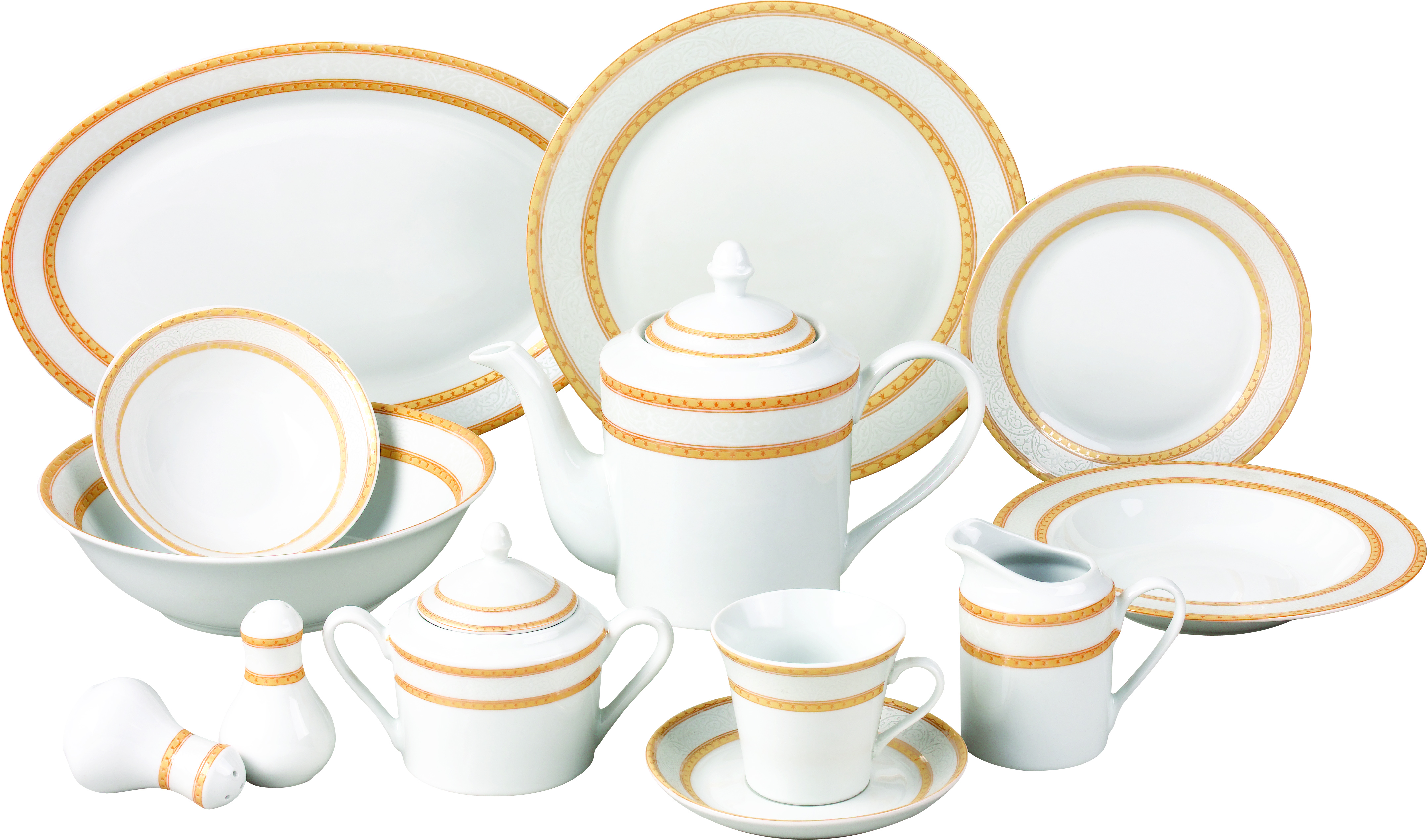 57 Piece Gold Matte Floral Border Porcelain Dinnerware set.