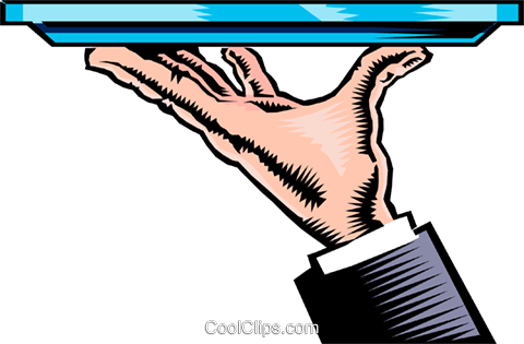 Hand with serving tray Royalty Free Vector Clip Art.