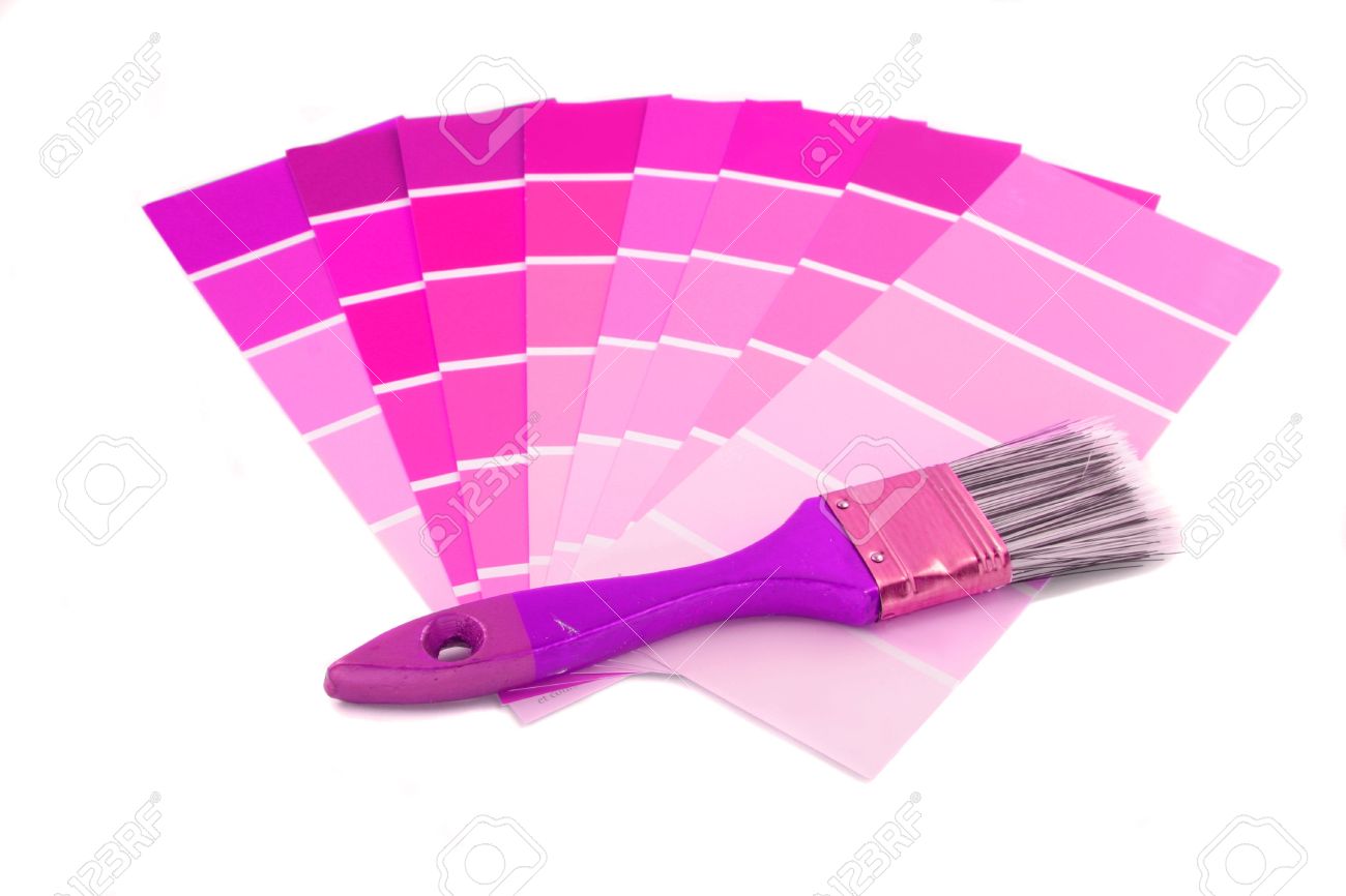 Pink And Purple Shade Paint Swatches, And Small Brush For Home.