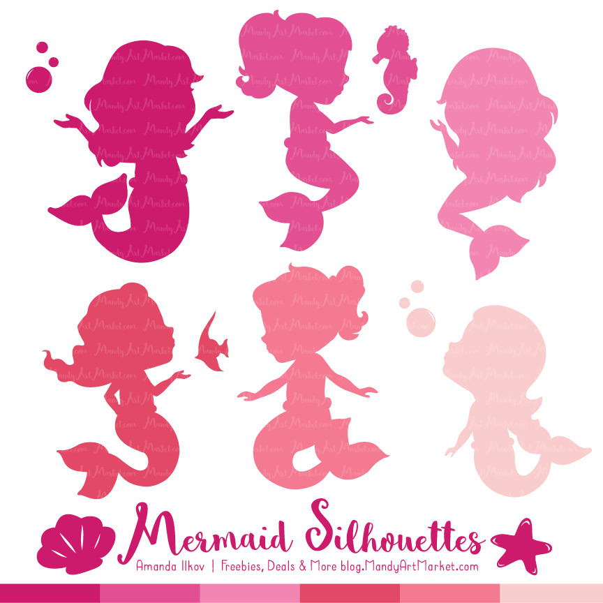 Shades of Pink Mermaid Silhouettes Vector Clipart.