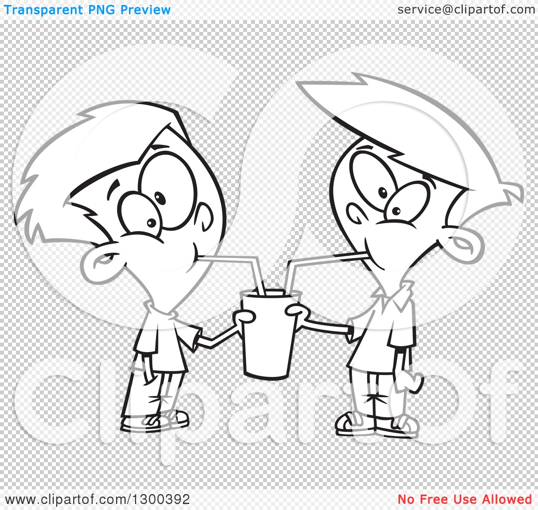 Clipart of Cartoon Black and White Boys Sharing a Soda.