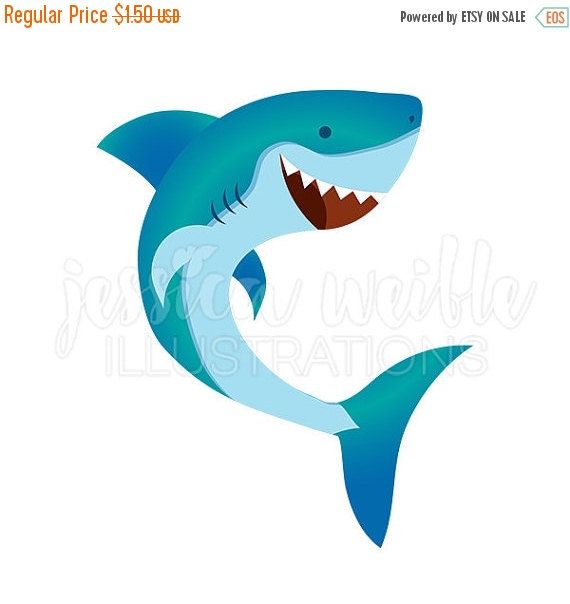 Happy Shark Cute Digital Clipart, Cute Shark Clip art, Shark.