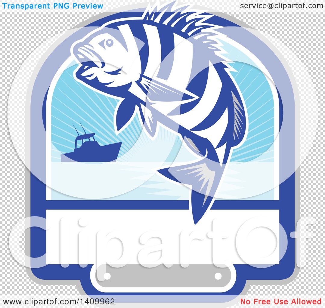 Clipart of a Retro Jumping Sheepshead Fish over a Silhouetted Boat.