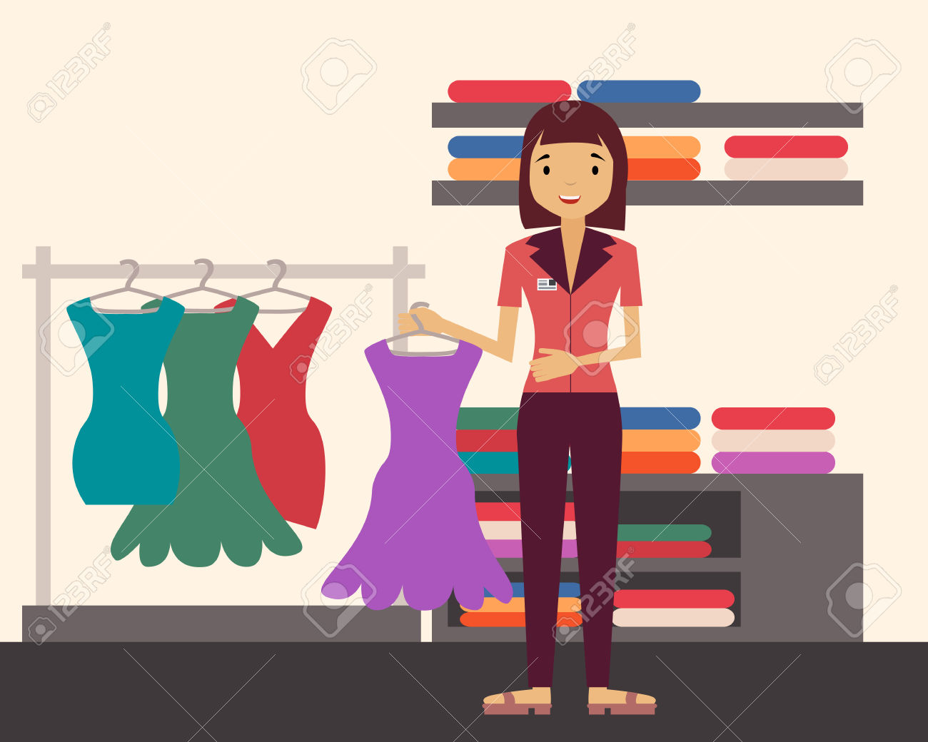 Sales Clerk. Girl Holding A Dress In A Clothing Store. Vector.