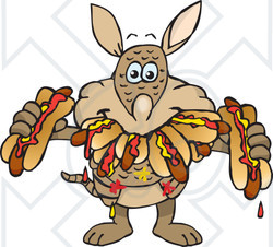 Clipart of a Hungry Armadillo Shoving Weenies in His Mouth.