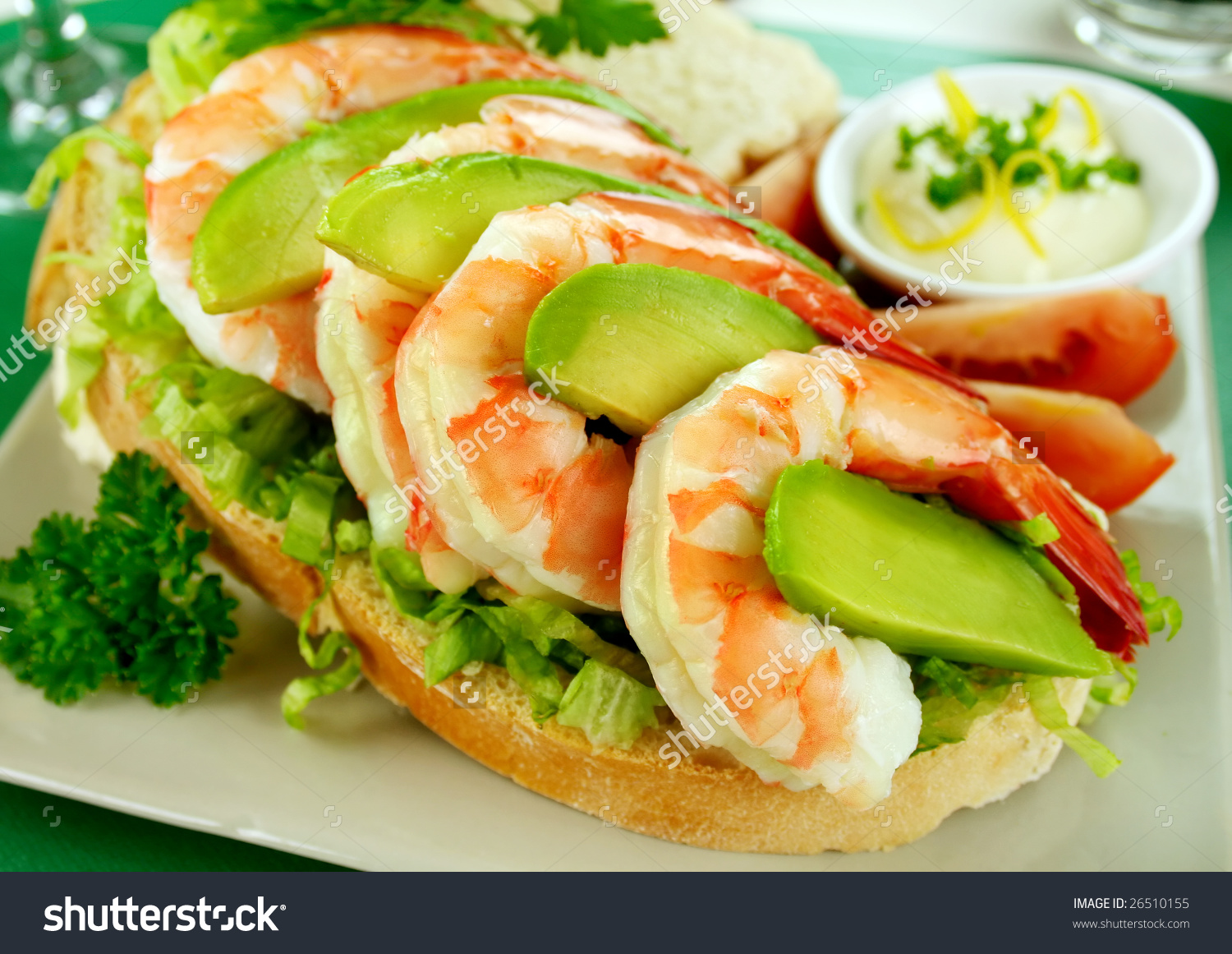 Delightful Fresh Shrimp And Avocado Open Sandwich With Lemon.