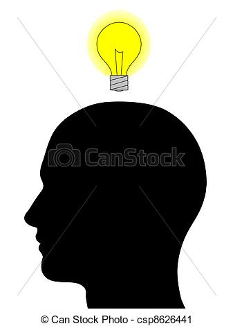 Clipart of Male Head Silhouette With Light Bulb.