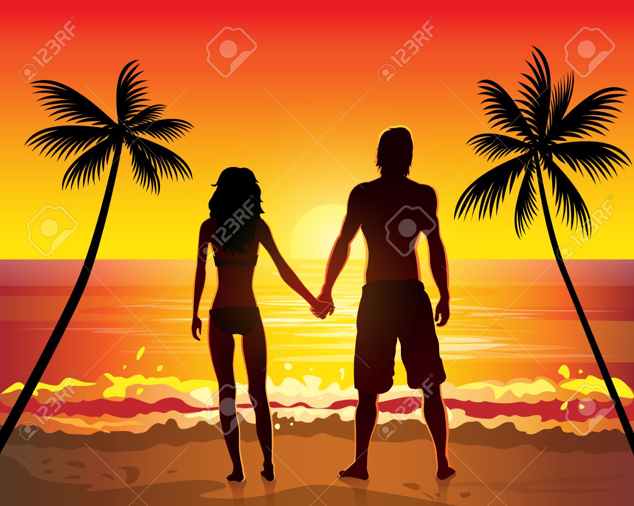 Romantic Couple Holding Hands On Beach Sunset Royalty Free.