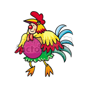A Silly Clown with a Big Red Nose Wearing a Rooster Costume clipart.  Royalty.