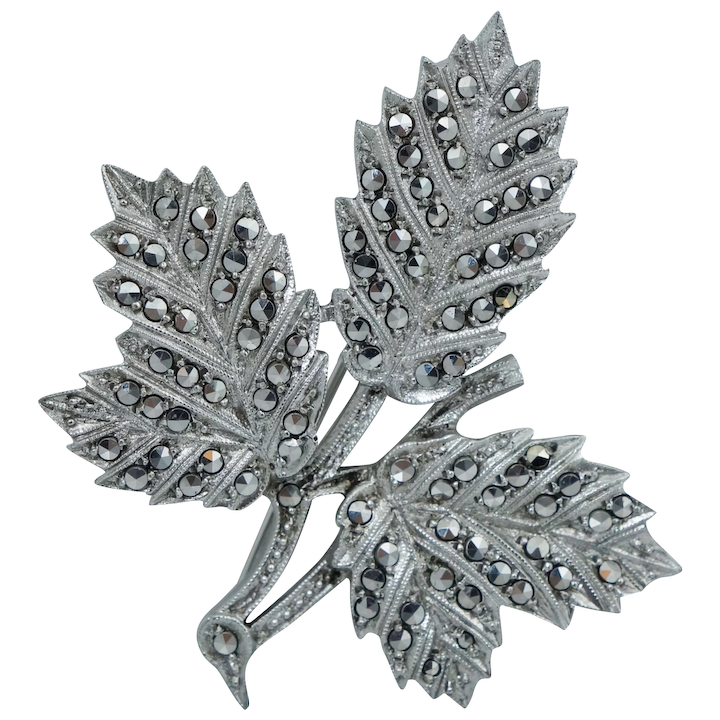 Vintage 800 Silver Leaf Pin Brooch Marcasite Sterling.