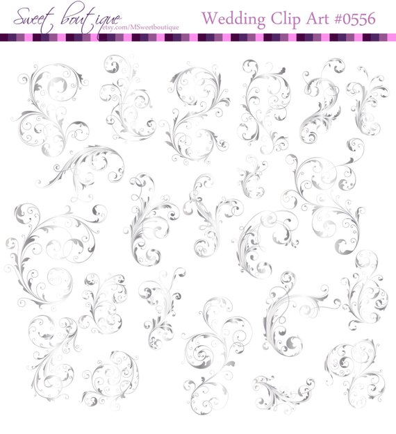 SILVER Flourish clipart, Swirls Clip Art, Floral Flower Leaf.