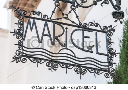 Stock Photography of Palau Maricel sign in Sitges Spain.