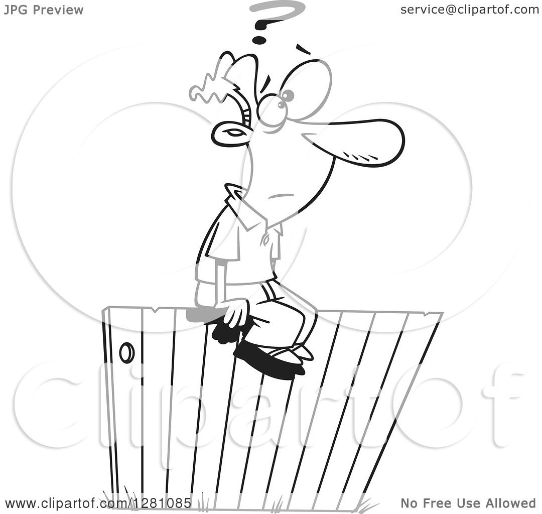 Cartoon Clipart of a Black and White Cartoon Man Sitting and.