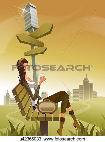 Drawing of Woman sitting on bench by post with arrow signs.