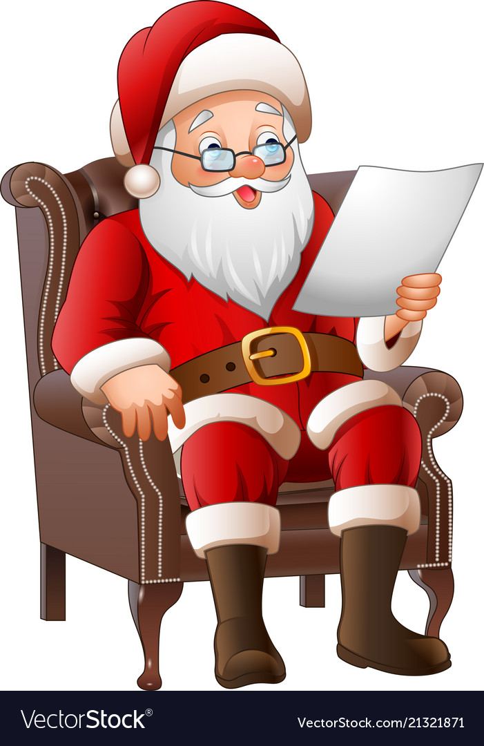 Cartoon santa claus sitting at his armchair and re.