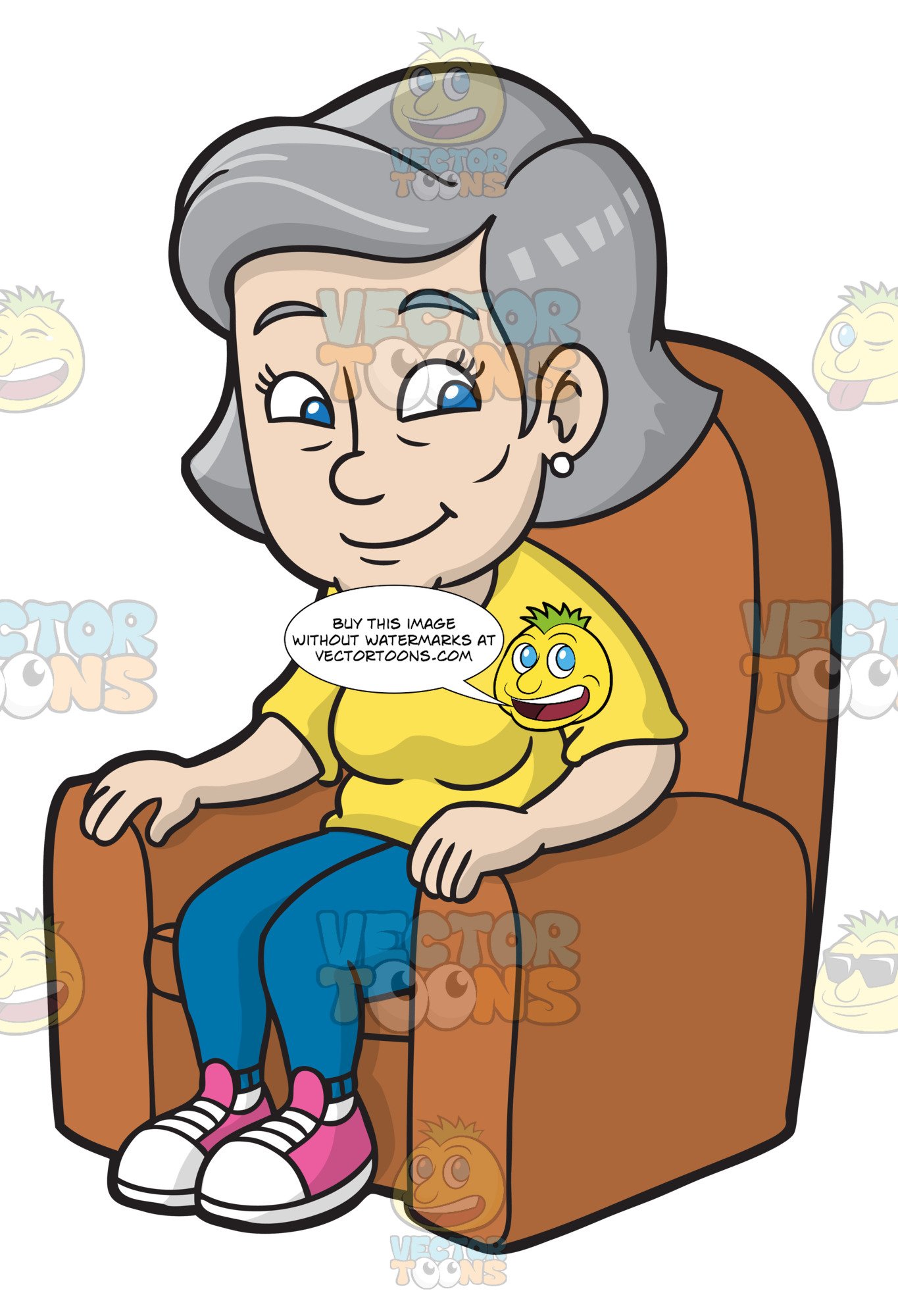A Mature Woman Sitting On A Soft Single Sofa.