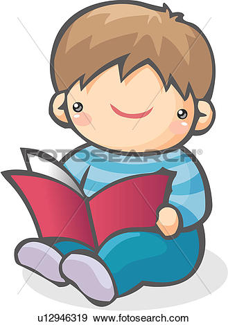 Clip Art of book, boy, reading, sitting, child, clothes u12946319.