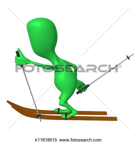 Stock Illustration of View green puppet ski on white snow.