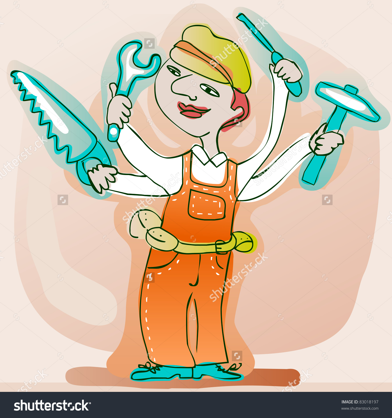 Skillful Handyman With Four Arms Holding Tools Stock Vector.