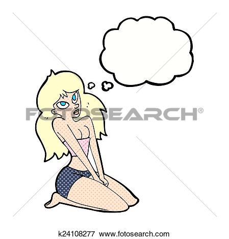 Clip Art of cartoon woman in skimpy clothing with thought bubble.