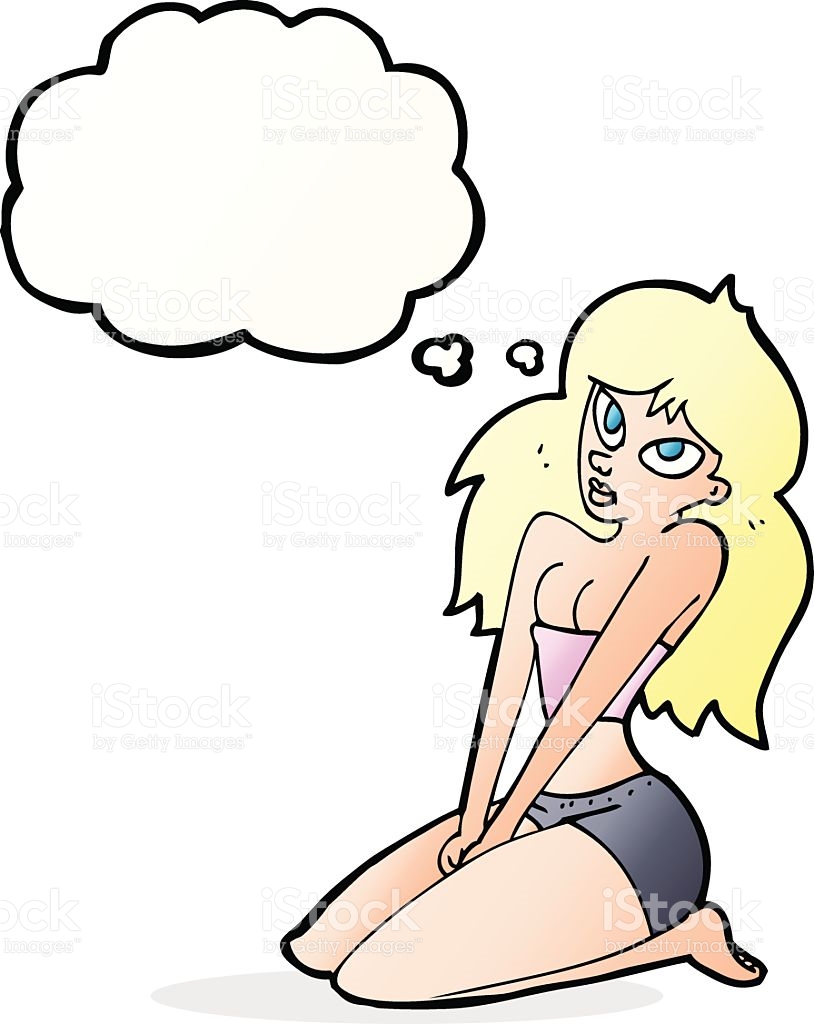 Cartoon Woman In Skimpy Clothing With Thought Bubble stock vector.