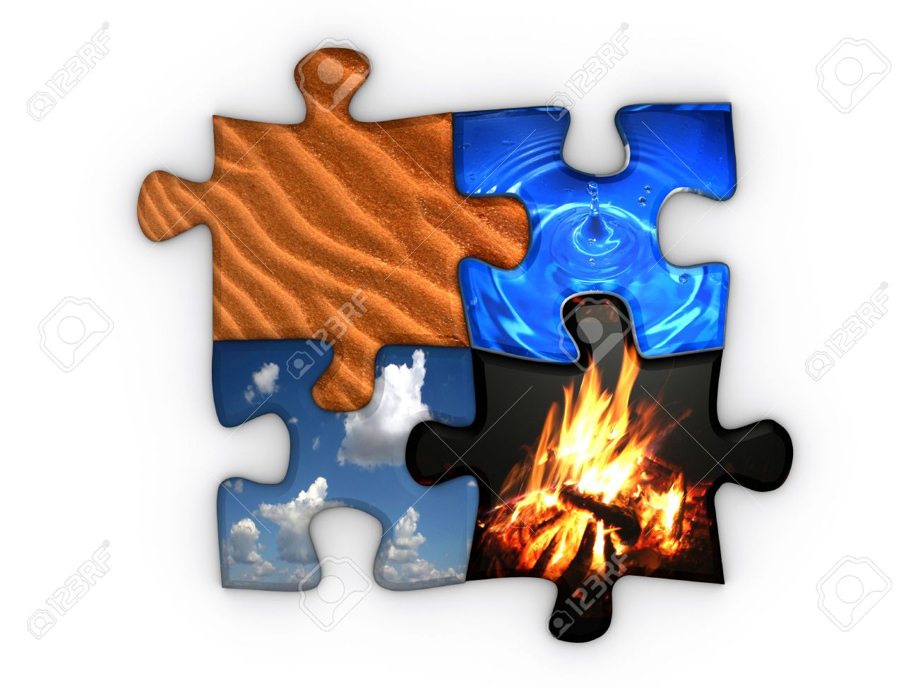 Jigsaw Puzzle With Four Elements Earth, Sky, Fire And Water Stock.
