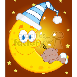 Royalty Free RF Clipart Illustration Cute African American Baby Boy Sleeps  On The Moon With Sleeping Hat Over Blue Sky With Stars clipart..