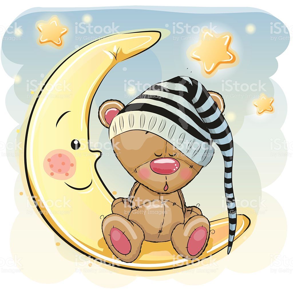 Cute Cartoon Teddy Bear is sleeping on the moon.