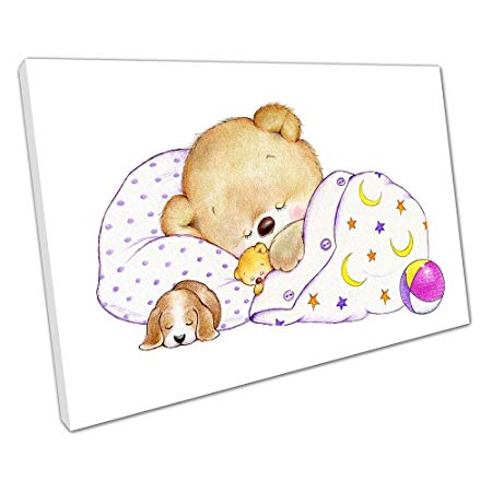 Print on Canvas Sleeping Teddy bear with puppy Kids Cartoon.