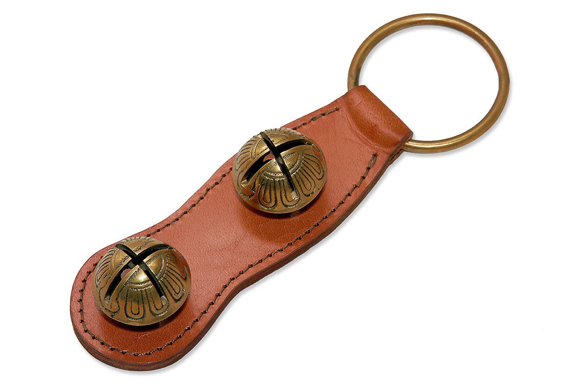 Brown Leather Strap Door Chime with Heavy Solid Brass Sleigh Bells.