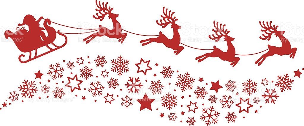 santa sleigh reindeer flying snowflakes red silhouette.