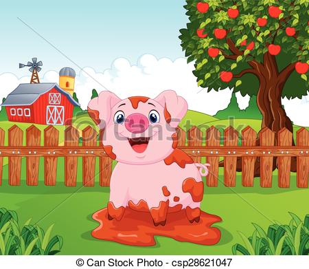 EPS Vector of Cartoon play pig slurry n the farm.