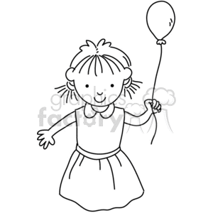 Black and White Happy Small girl holding a Single Balloon clipart.  Royalty.