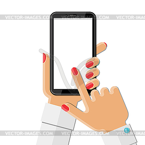 Woman`s hand holding smartphone.