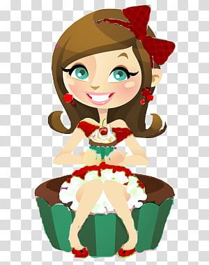 Woman sitting on cupcake chair smiling transparent.