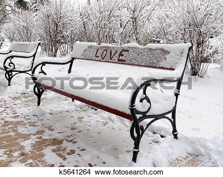 Stock Photo of Bench of love with snow in Sofia, Bulgaria k5641264.