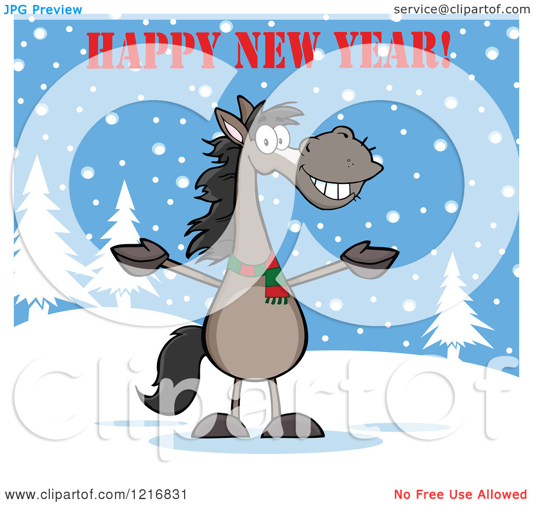 Clipart of a Happy New Year Greeting over a Welcoming Gray Horse.